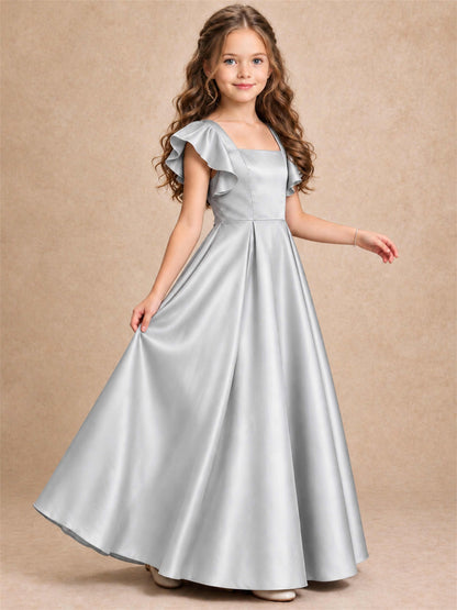 Satin Junior Bridesmaid Dress Ruffle Cap Sleeve Floor Length A Line Wedding Gown