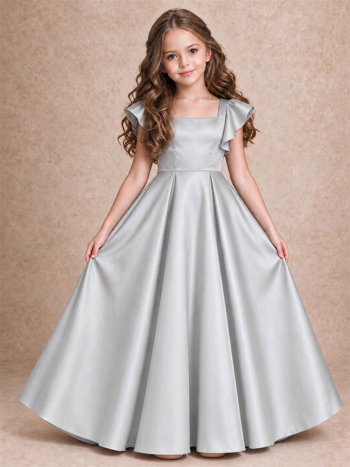 Satin Junior Bridesmaid Dress Ruffle Cap Sleeve Floor Length A Line Wedding Gown