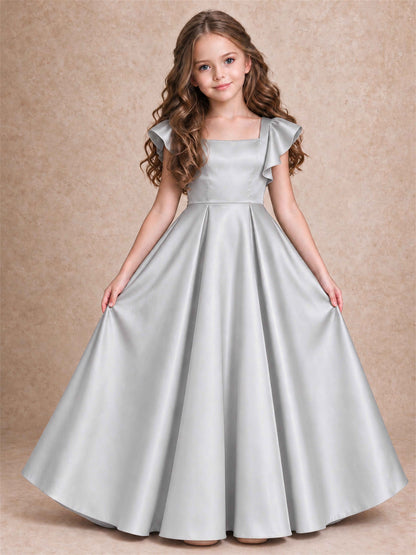 Satin Junior Bridesmaid Dress Ruffle Cap Sleeve Floor Length A Line Wedding Gown