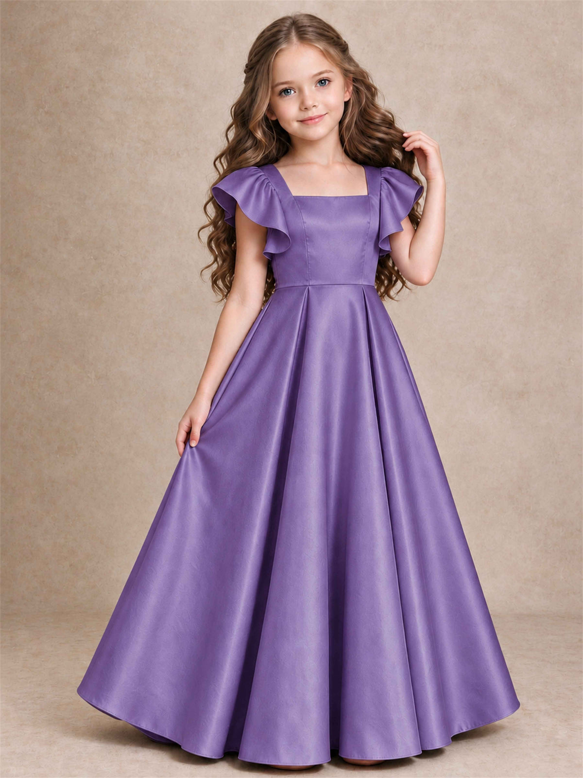 Satin Junior Bridesmaid Dress Ruffle Cap Sleeve Floor Length A Line Wedding Gown