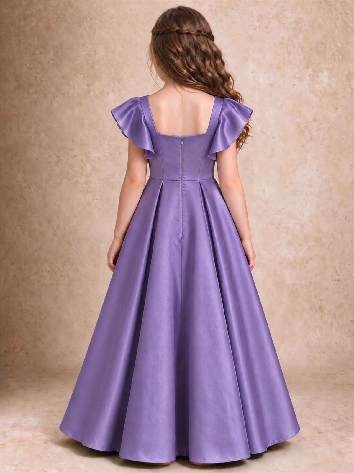 Satin Junior Bridesmaid Dress Ruffle Cap Sleeve Floor Length A Line Wedding Gown