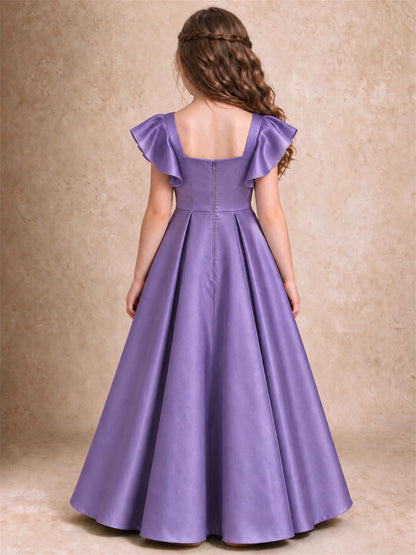 Satin Junior Bridesmaid Dress Ruffle Cap Sleeve Floor Length A Line Wedding Gown