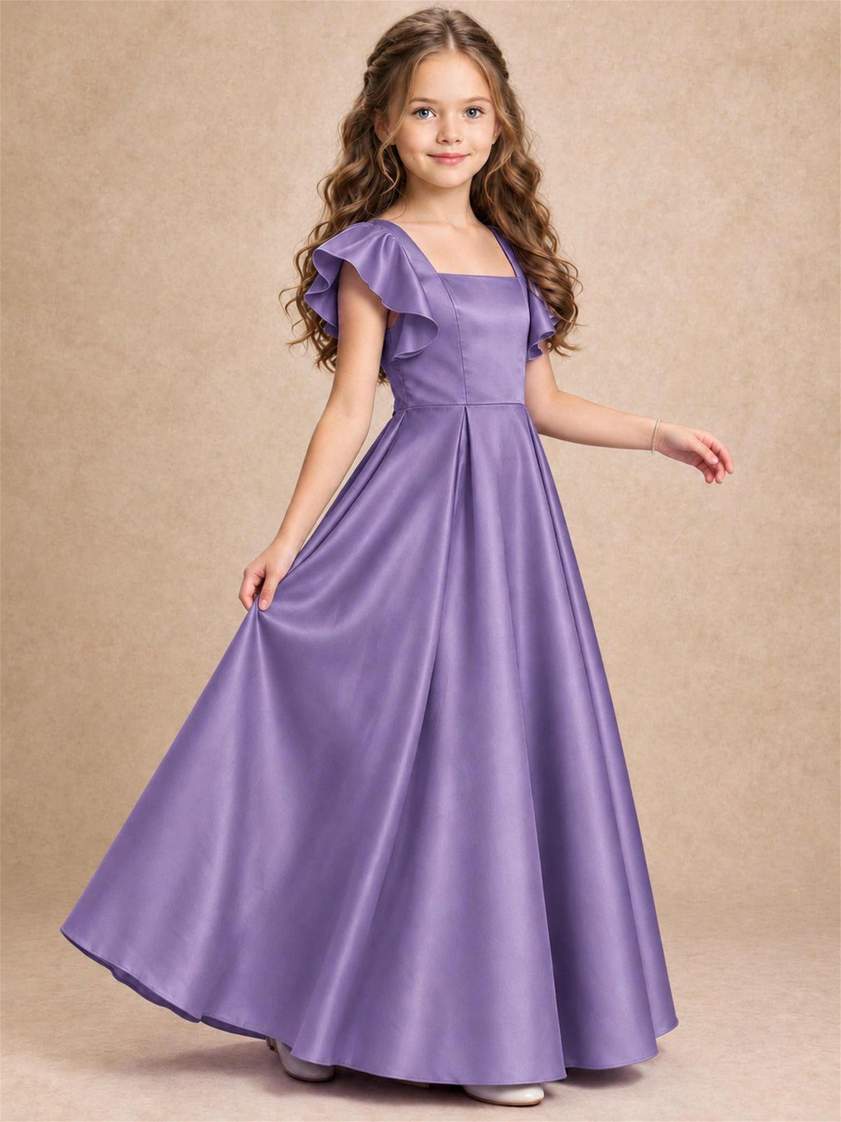 Satin Junior Bridesmaid Dress Ruffle Cap Sleeve Floor Length A Line Wedding Gown