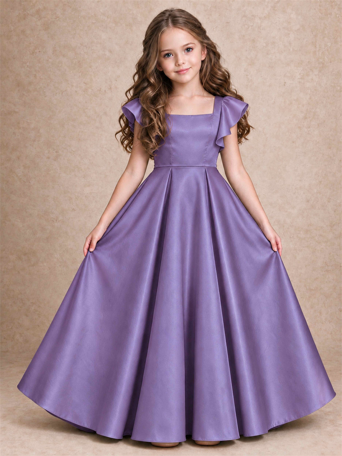 Satin Junior Bridesmaid Dress Ruffle Cap Sleeve Floor Length A Line Wedding Gown