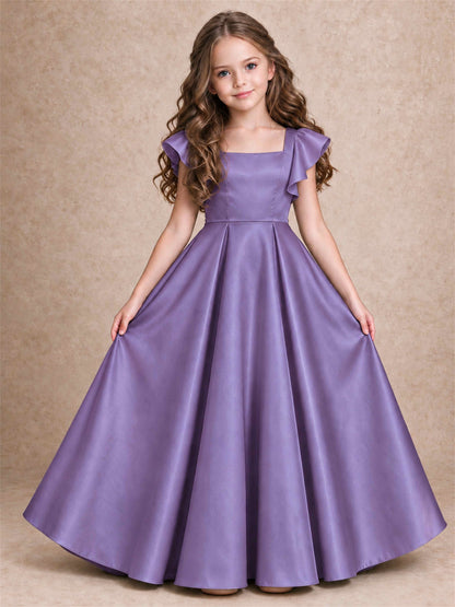 Satin Junior Bridesmaid Dress Ruffle Cap Sleeve Floor Length A Line Wedding Gown