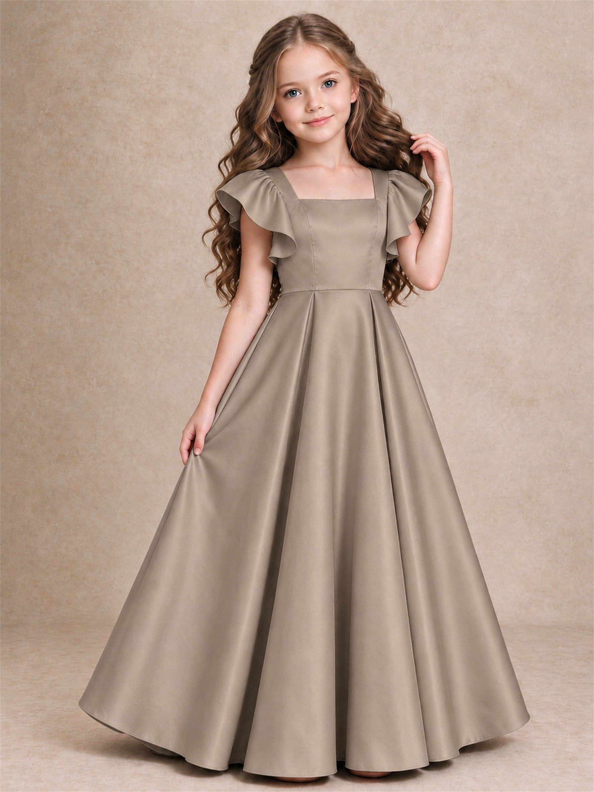 Satin Junior Bridesmaid Dress Ruffle Cap Sleeve Floor Length A Line Wedding Gown