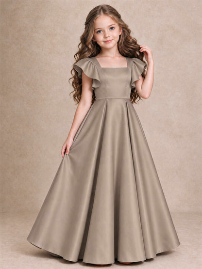 Satin Junior Bridesmaid Dress Ruffle Cap Sleeve Floor Length A Line Wedding Gown