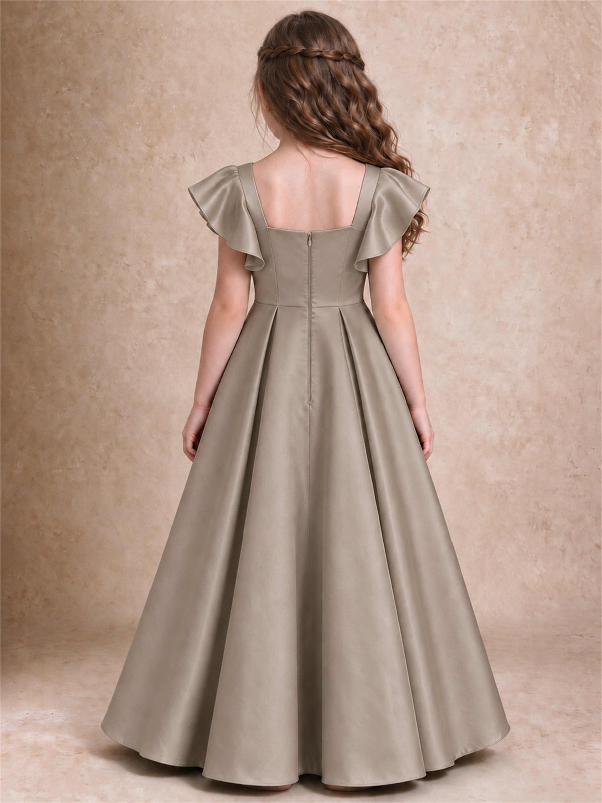 Satin Junior Bridesmaid Dress Ruffle Cap Sleeve Floor Length A Line Wedding Gown