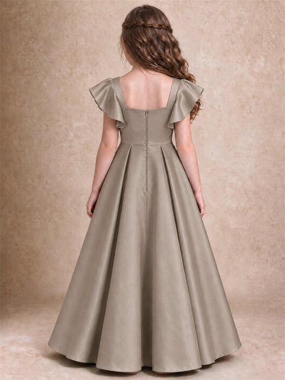 Satin Junior Bridesmaid Dress Ruffle Cap Sleeve Floor Length A Line Wedding Gown