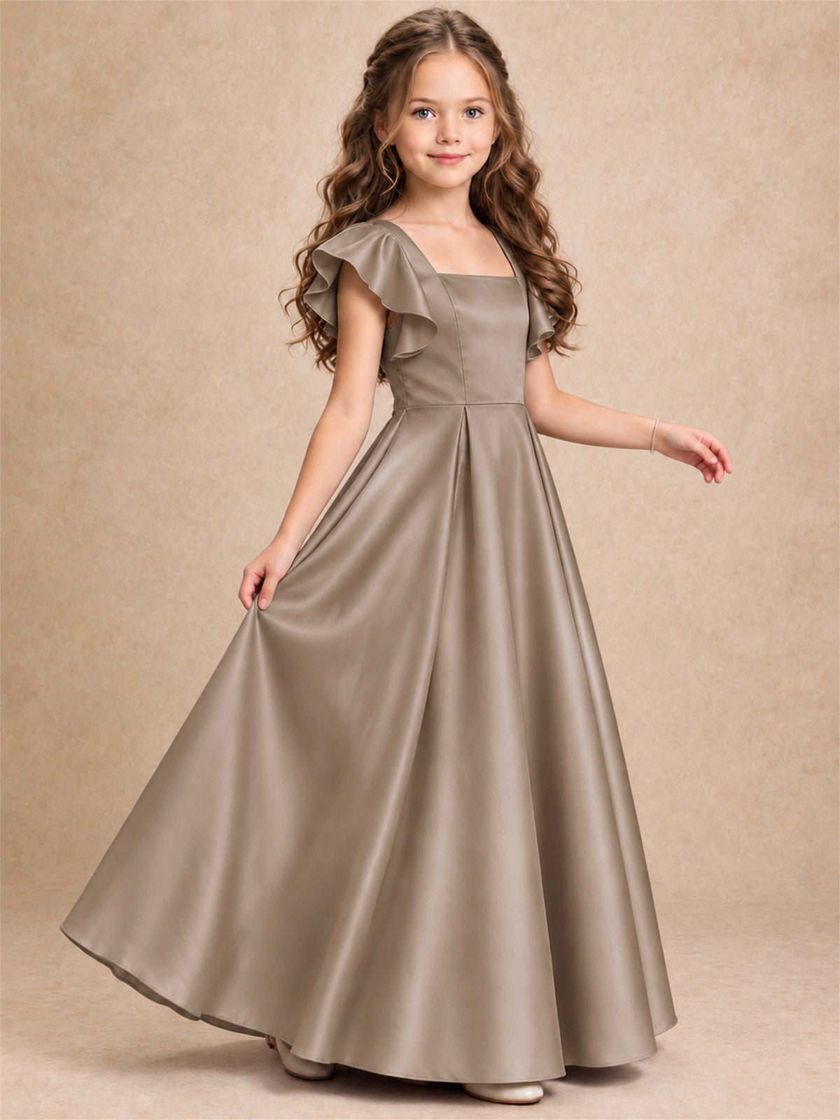 Satin Junior Bridesmaid Dress Ruffle Cap Sleeve Floor Length A Line Wedding Gown