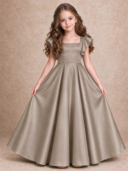 Satin Junior Bridesmaid Dress Ruffle Cap Sleeve Floor Length A Line Wedding Gown