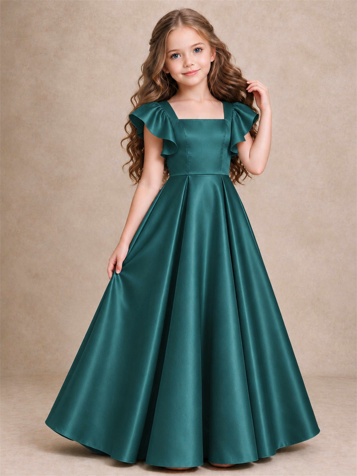 Satin Junior Bridesmaid Dress Ruffle Cap Sleeve Floor Length A Line Wedding Gown