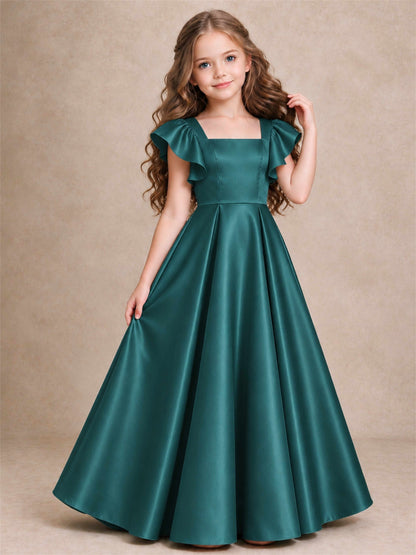 Satin Junior Bridesmaid Dress Ruffle Cap Sleeve Floor Length A Line Wedding Gown