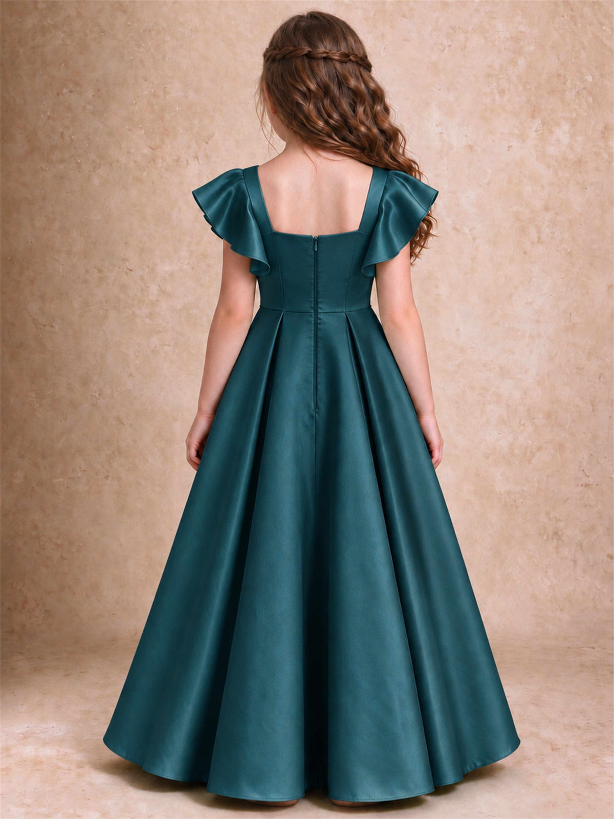 Satin Junior Bridesmaid Dress Ruffle Cap Sleeve Floor Length A Line Wedding Gown