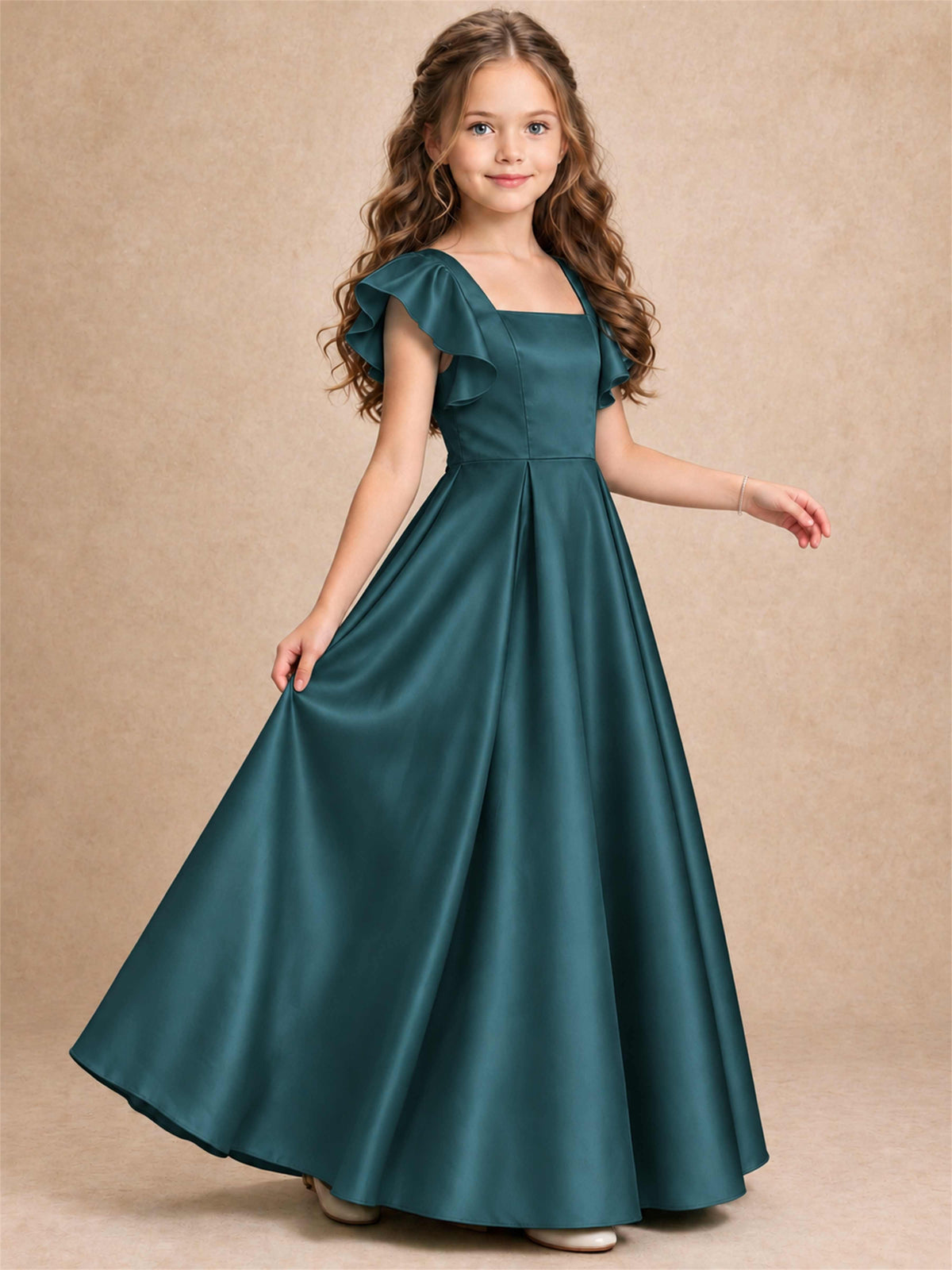 Satin Junior Bridesmaid Dress Ruffle Cap Sleeve Floor Length A Line Wedding Gown