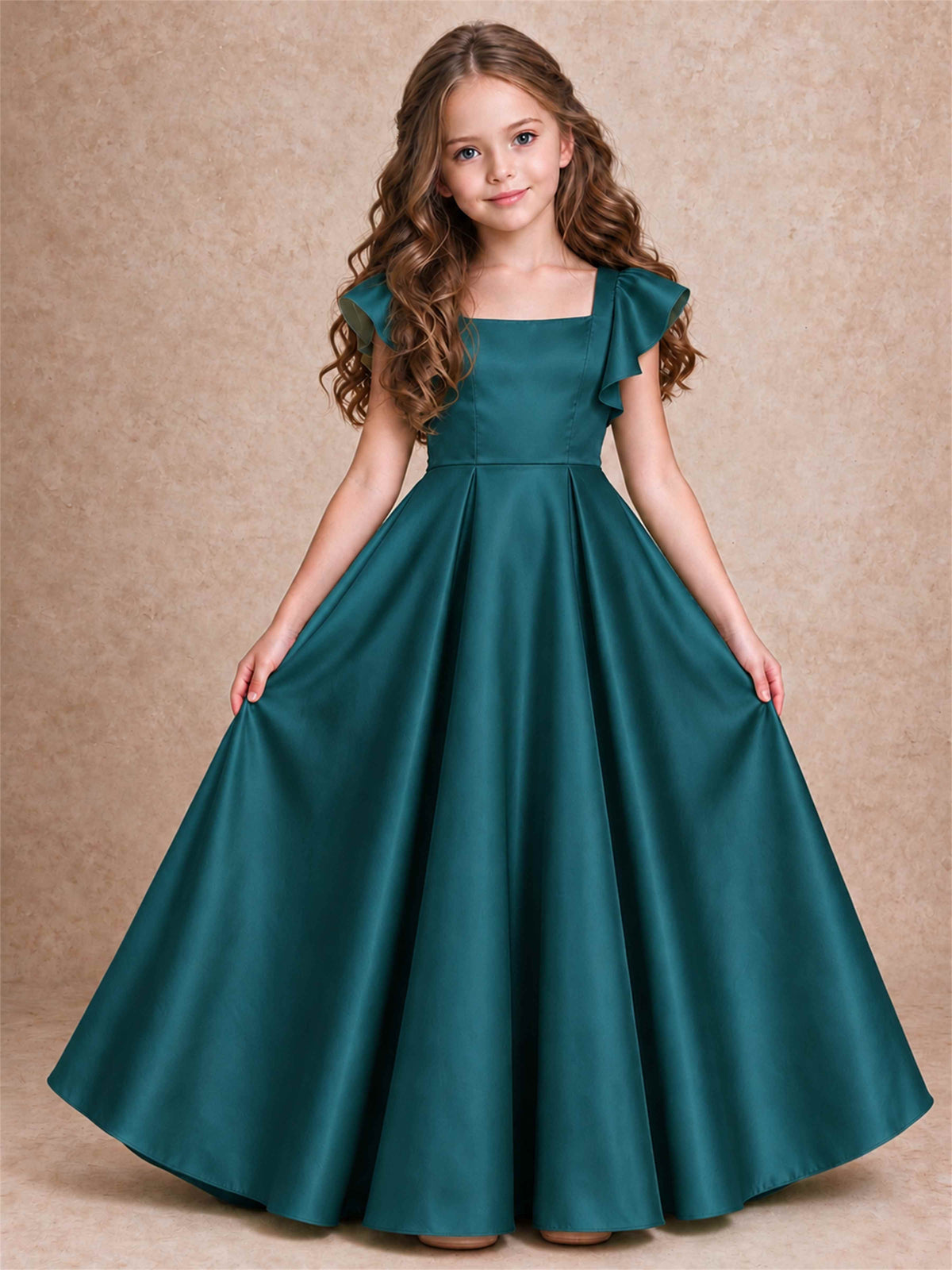 Satin Junior Bridesmaid Dress Ruffle Cap Sleeve Floor Length A Line Wedding Gown