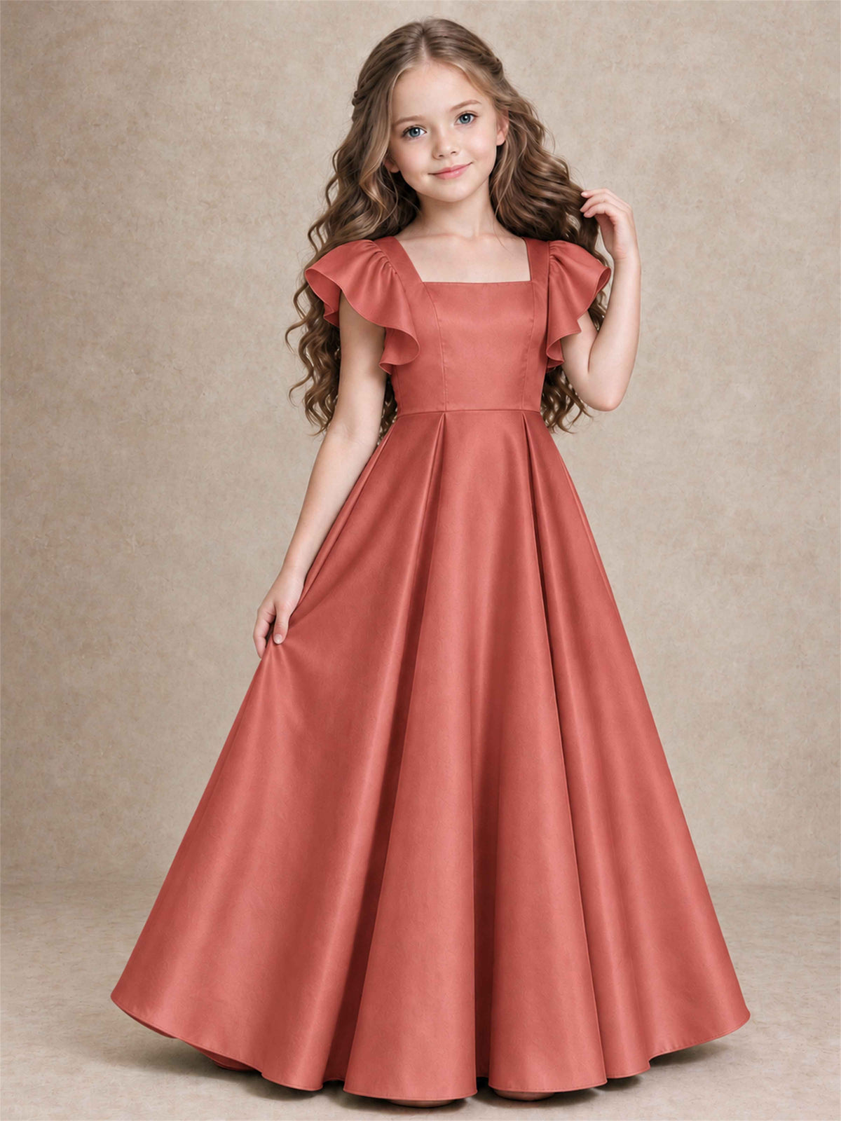 Satin Junior Bridesmaid Dress Ruffle Cap Sleeve Floor Length A Line Wedding Gown