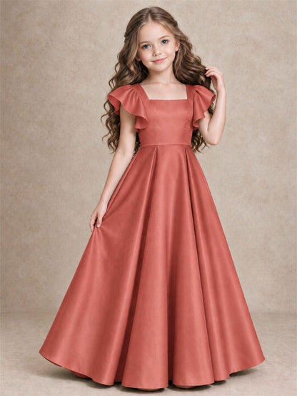 Satin Junior Bridesmaid Dress Ruffle Cap Sleeve Floor Length A Line Wedding Gown
