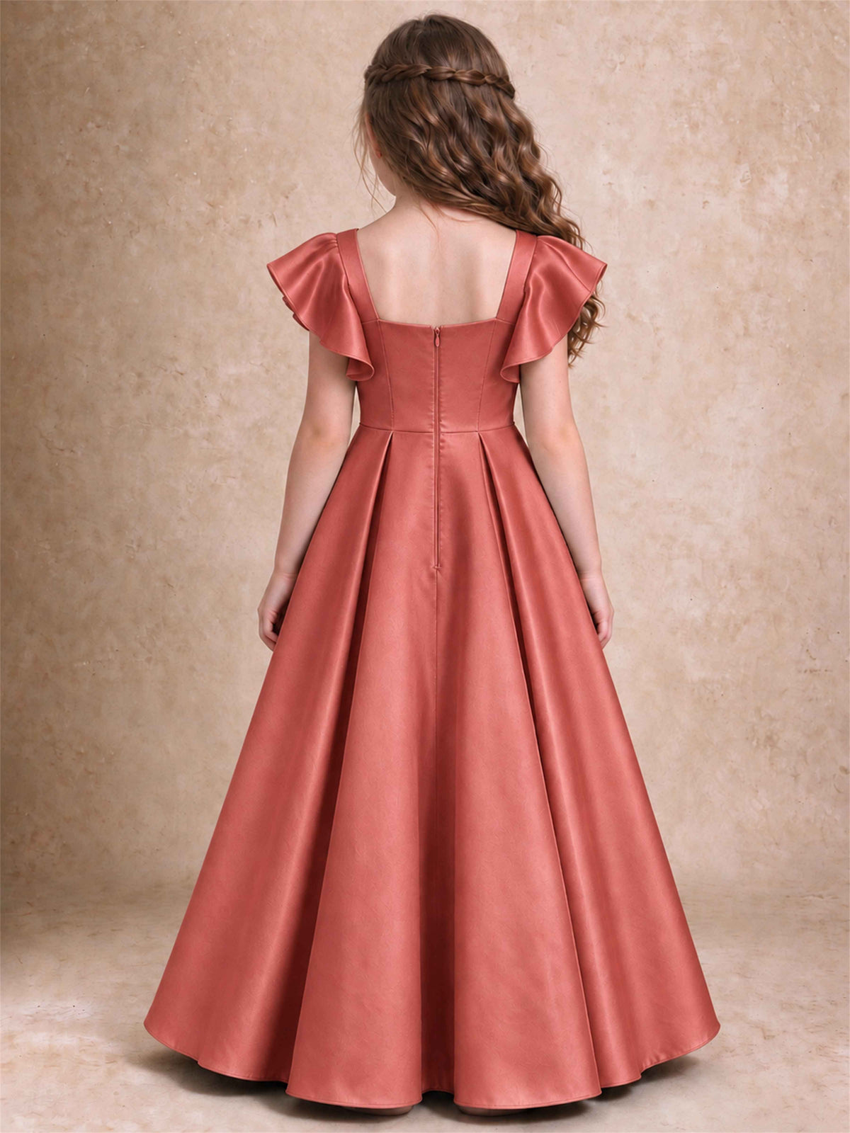 Satin Junior Bridesmaid Dress Ruffle Cap Sleeve Floor Length A Line Wedding Gown