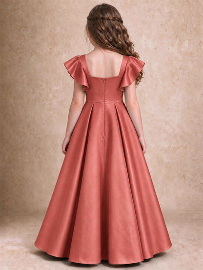 Satin Junior Bridesmaid Dress Ruffle Cap Sleeve Floor Length A Line Wedding Gown