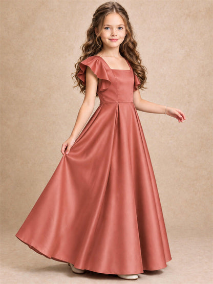 Satin Junior Bridesmaid Dress Ruffle Cap Sleeve Floor Length A Line Wedding Gown