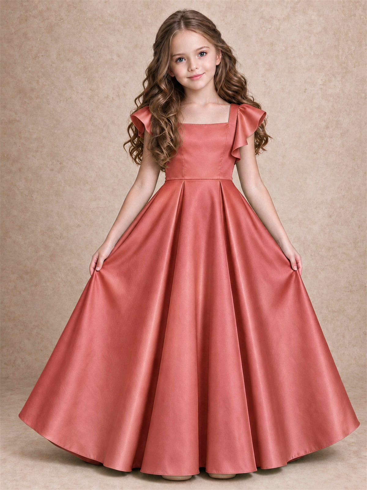 Satin Junior Bridesmaid Dress Ruffle Cap Sleeve Floor Length A Line Wedding Gown