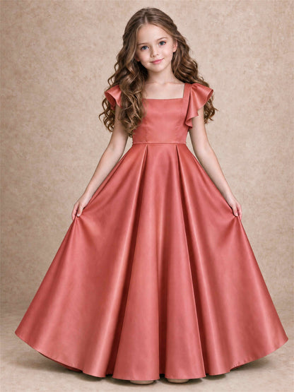 Satin Junior Bridesmaid Dress Ruffle Cap Sleeve Floor Length A Line Wedding Gown