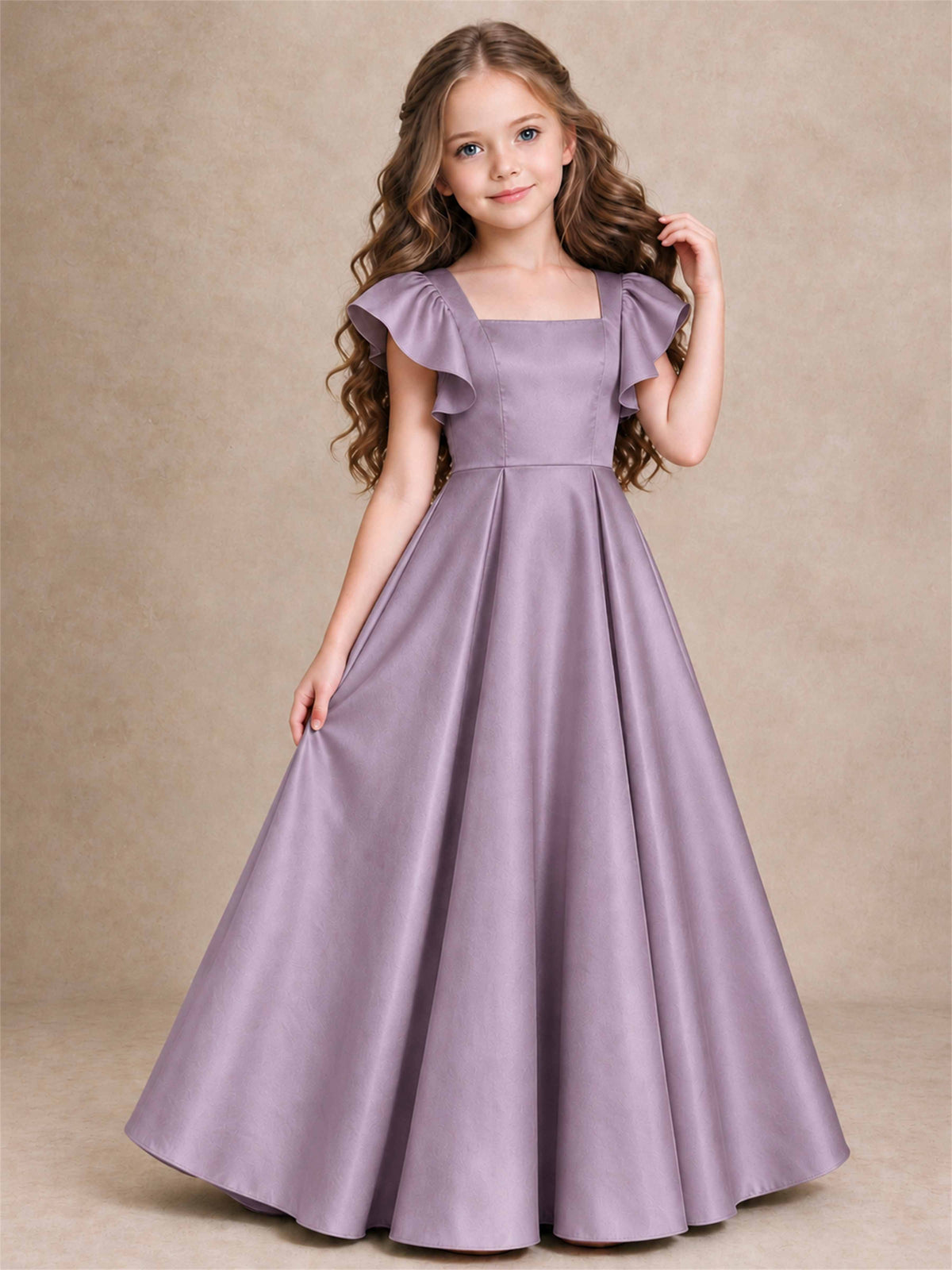 Satin Junior Bridesmaid Dress Ruffle Cap Sleeve Floor Length A Line Wedding Gown