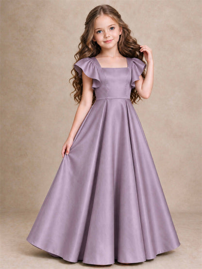 Satin Junior Bridesmaid Dress Ruffle Cap Sleeve Floor Length A Line Wedding Gown