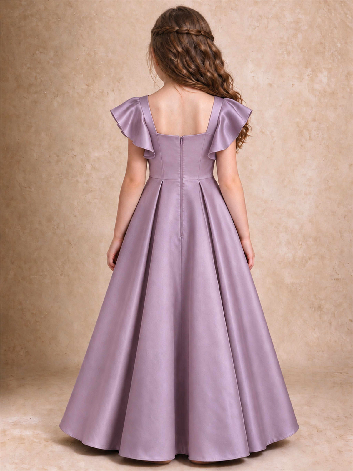 Satin Junior Bridesmaid Dress Ruffle Cap Sleeve Floor Length A Line Wedding Gown