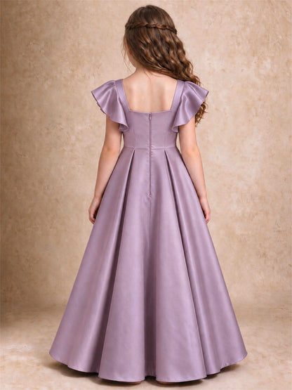 Satin Junior Bridesmaid Dress Ruffle Cap Sleeve Floor Length A Line Wedding Gown