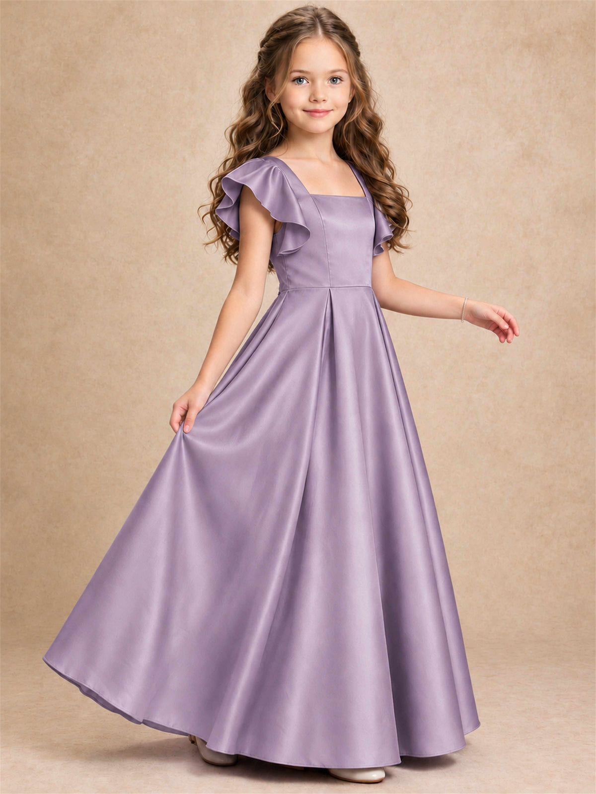 Satin Junior Bridesmaid Dress Ruffle Cap Sleeve Floor Length A Line Wedding Gown