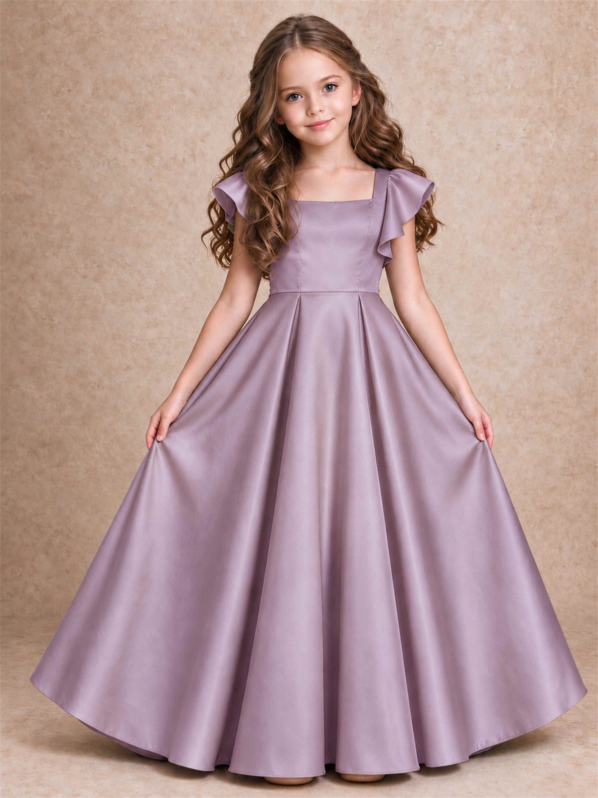Satin Junior Bridesmaid Dress Ruffle Cap Sleeve Floor Length A Line Wedding Gown
