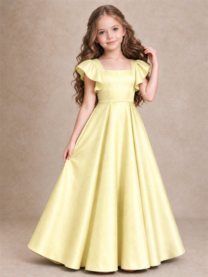 Satin Junior Bridesmaid Dress Ruffle Cap Sleeve Floor Length A Line Wedding Gown