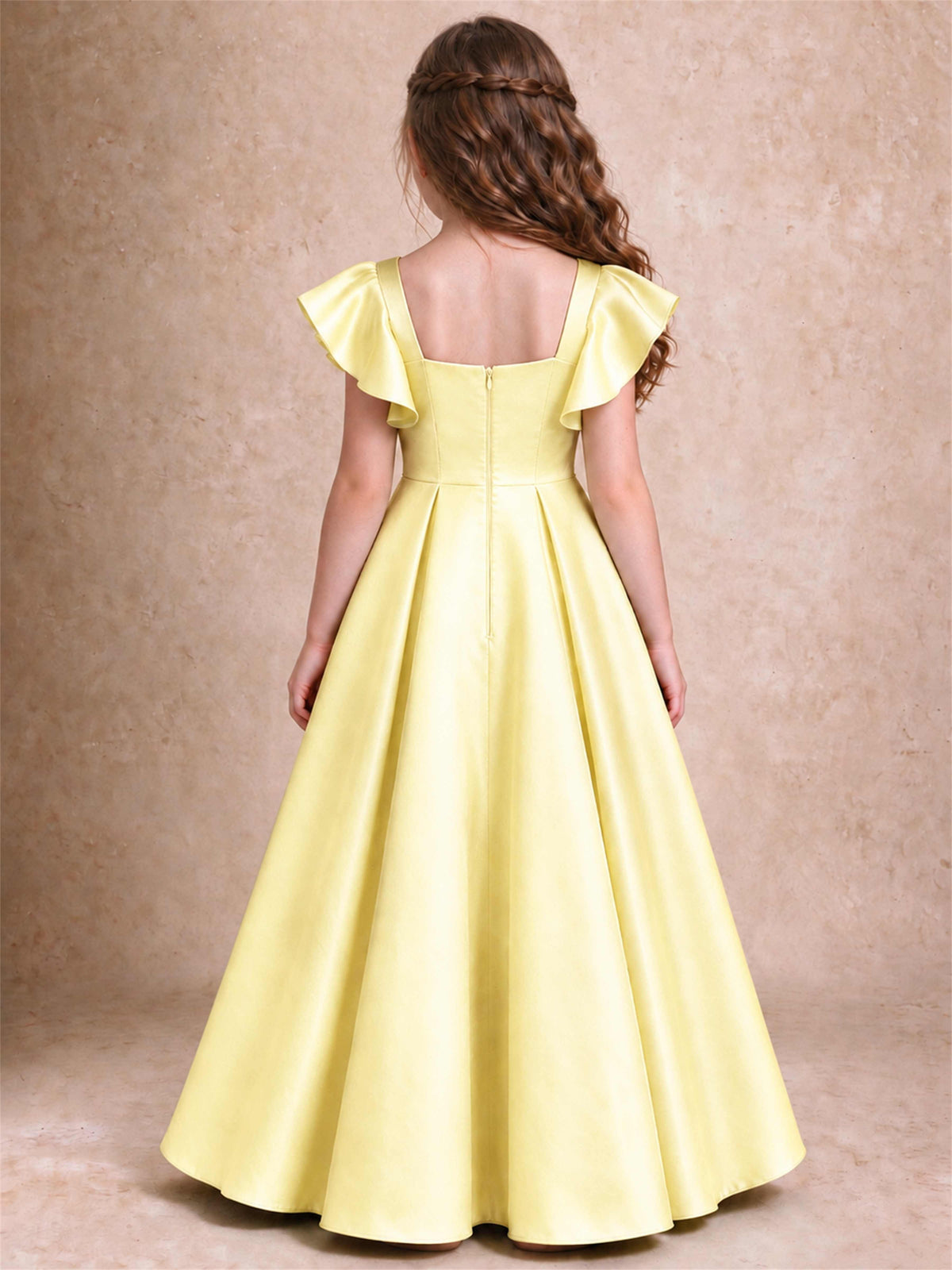Satin Junior Bridesmaid Dress Ruffle Cap Sleeve Floor Length A Line Wedding Gown