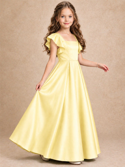 Satin Junior Bridesmaid Dress Ruffle Cap Sleeve Floor Length A Line Wedding Gown