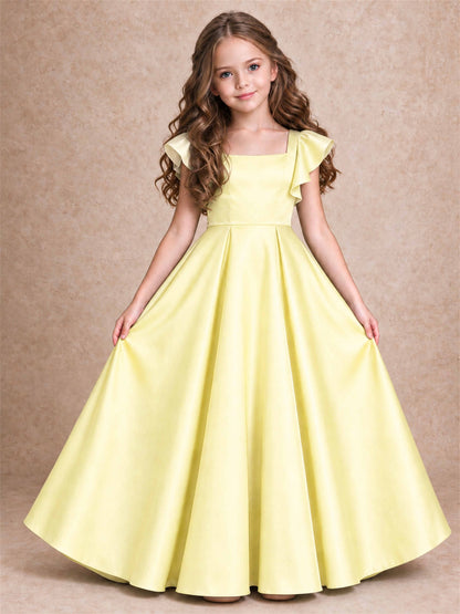 Satin Junior Bridesmaid Dress Ruffle Cap Sleeve Floor Length A Line Wedding Gown