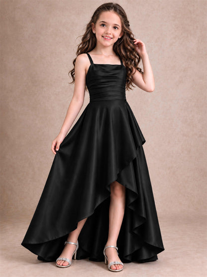 Satin Junior Bridesmaid Dress Spaghetti Strap Criss Cross Back High Low Wedding Gown