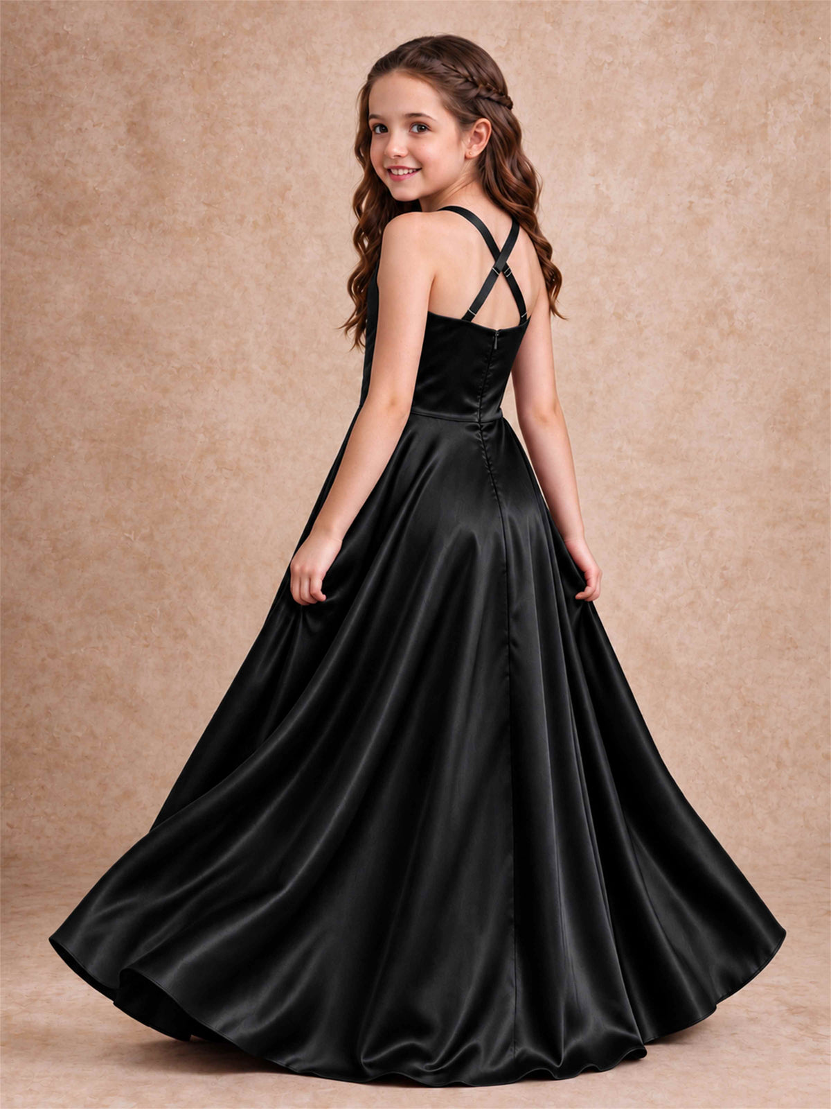 Satin Junior Bridesmaid Dress Spaghetti Strap Criss Cross Back High Low Wedding Gown