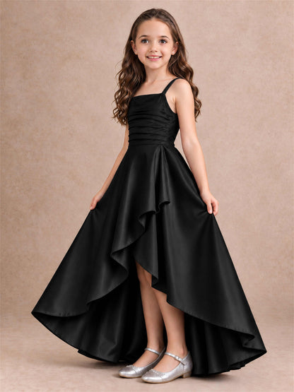 Satin Junior Bridesmaid Dress Spaghetti Strap Criss Cross Back High Low Wedding Gown