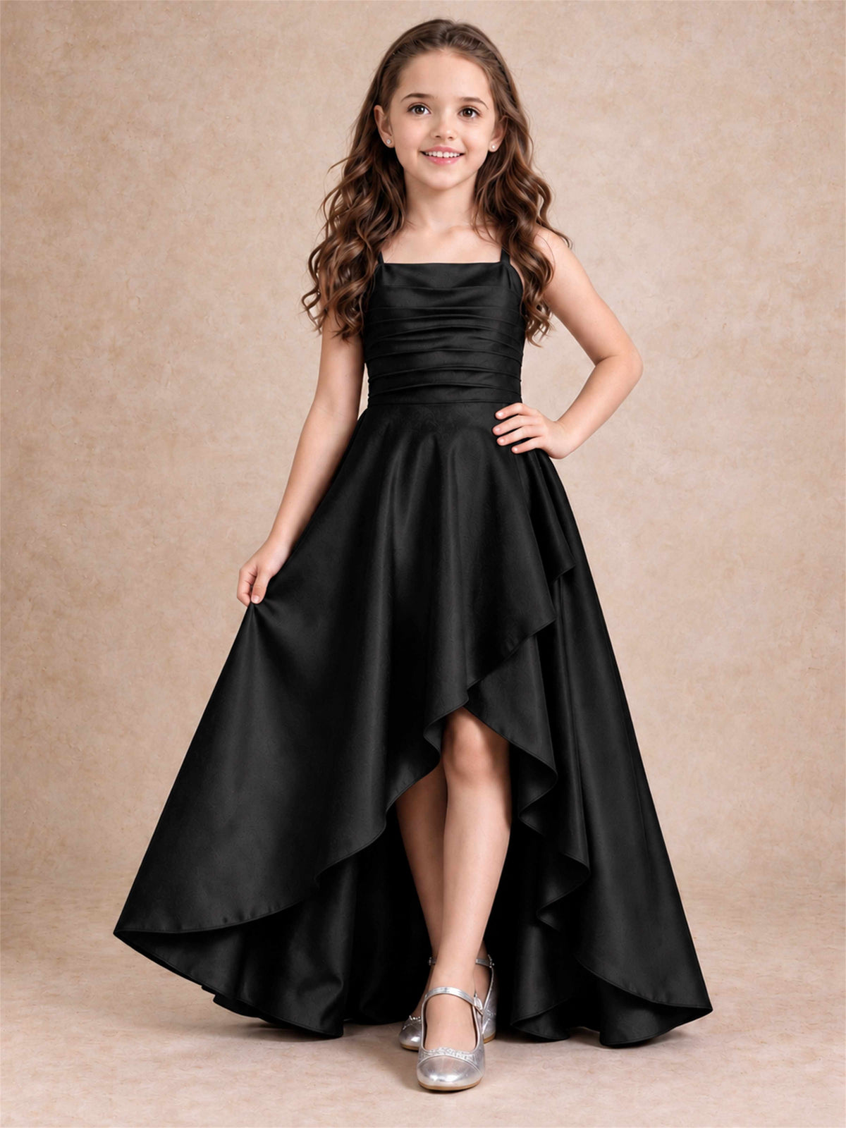 Satin Junior Bridesmaid Dress Spaghetti Strap Criss Cross Back High Low Wedding Gown