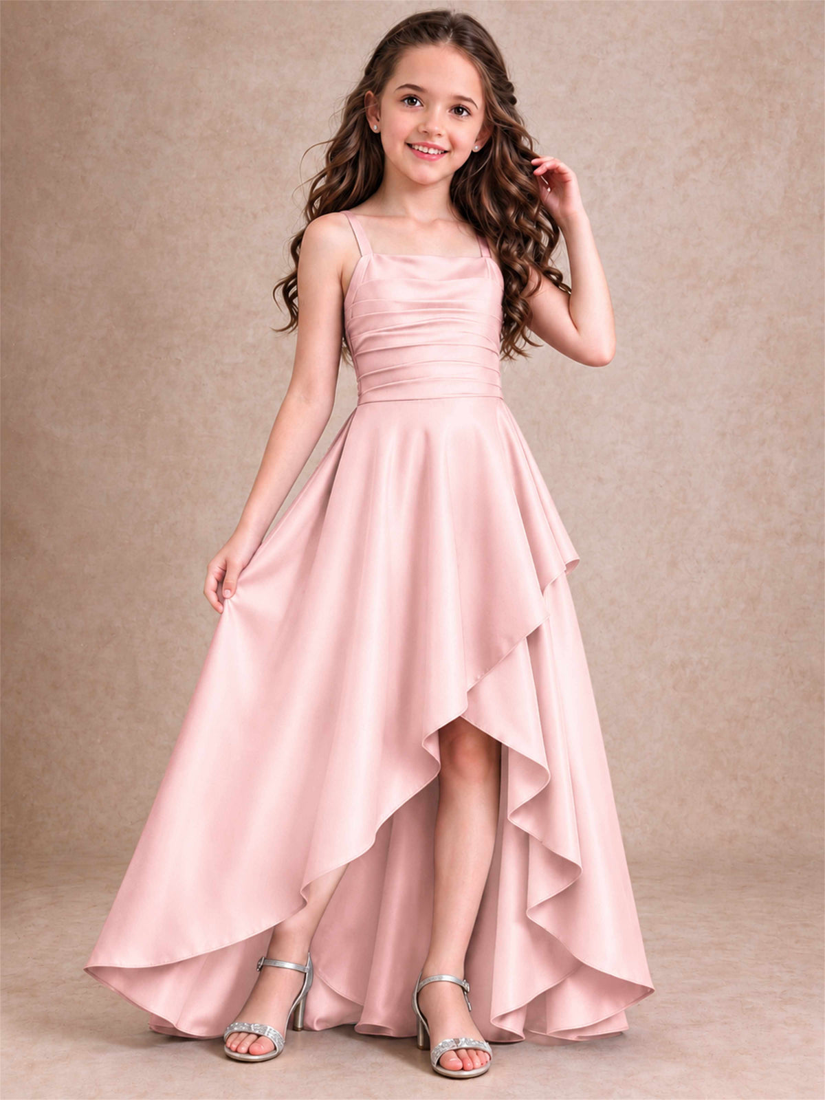 Satin Junior Bridesmaid Dress Spaghetti Strap Criss Cross Back High Low Wedding Gown