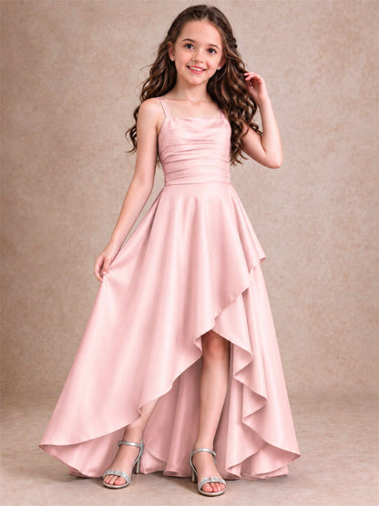 Satin Junior Bridesmaid Dress Spaghetti Strap Criss Cross Back High Low Wedding Gown