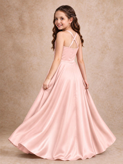 Satin Junior Bridesmaid Dress Spaghetti Strap Criss Cross Back High Low Wedding Gown