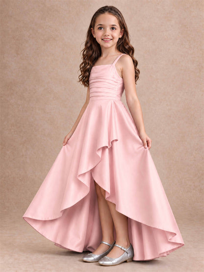 Satin Junior Bridesmaid Dress Spaghetti Strap Criss Cross Back High Low Wedding Gown