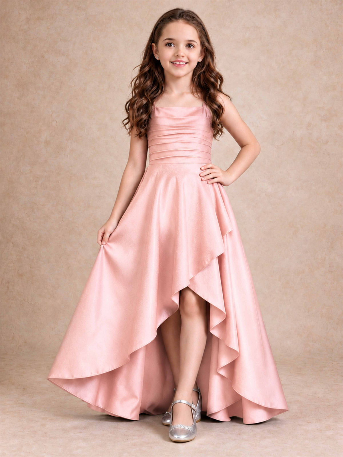 Satin Junior Bridesmaid Dress Spaghetti Strap Criss Cross Back High Low Wedding Gown
