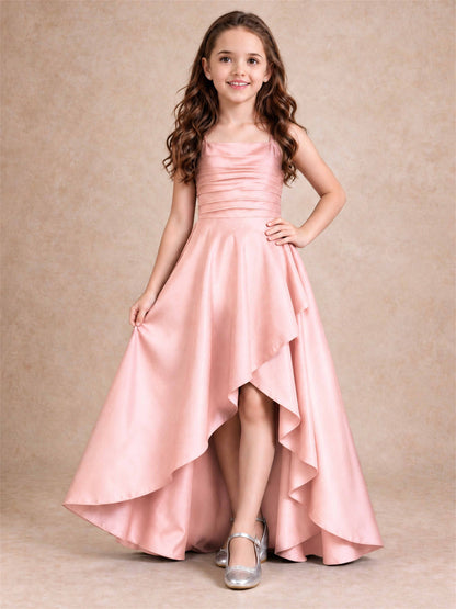 Satin Junior Bridesmaid Dress Spaghetti Strap Criss Cross Back High Low Wedding Gown