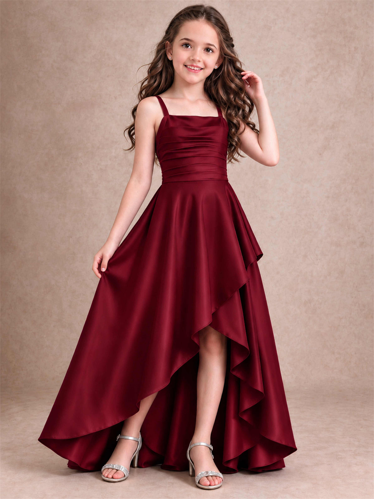 Satin Junior Bridesmaid Dress Spaghetti Strap Criss Cross Back High Low Wedding Gown