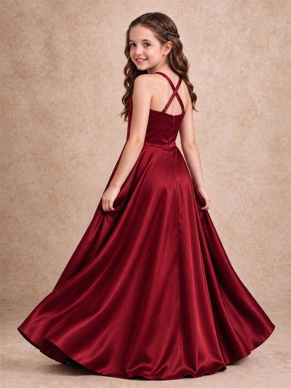 Satin Junior Bridesmaid Dress Spaghetti Strap Criss Cross Back High Low Wedding Gown