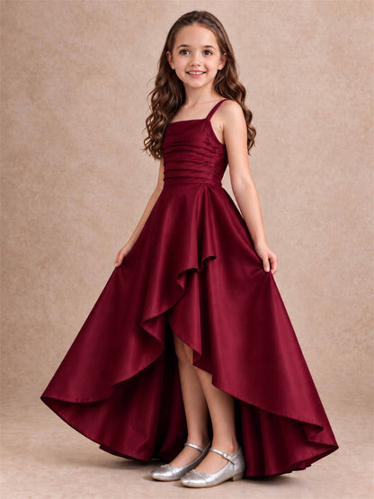 Satin Junior Bridesmaid Dress Spaghetti Strap Criss Cross Back High Low Wedding Gown